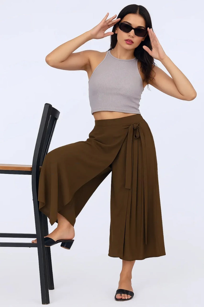 High-Waist Pleated Culottes with Side Tie Detail