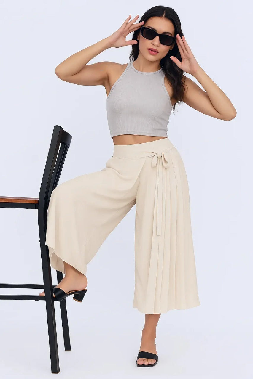 High-Waist Pleated Culottes with Side Tie Detail