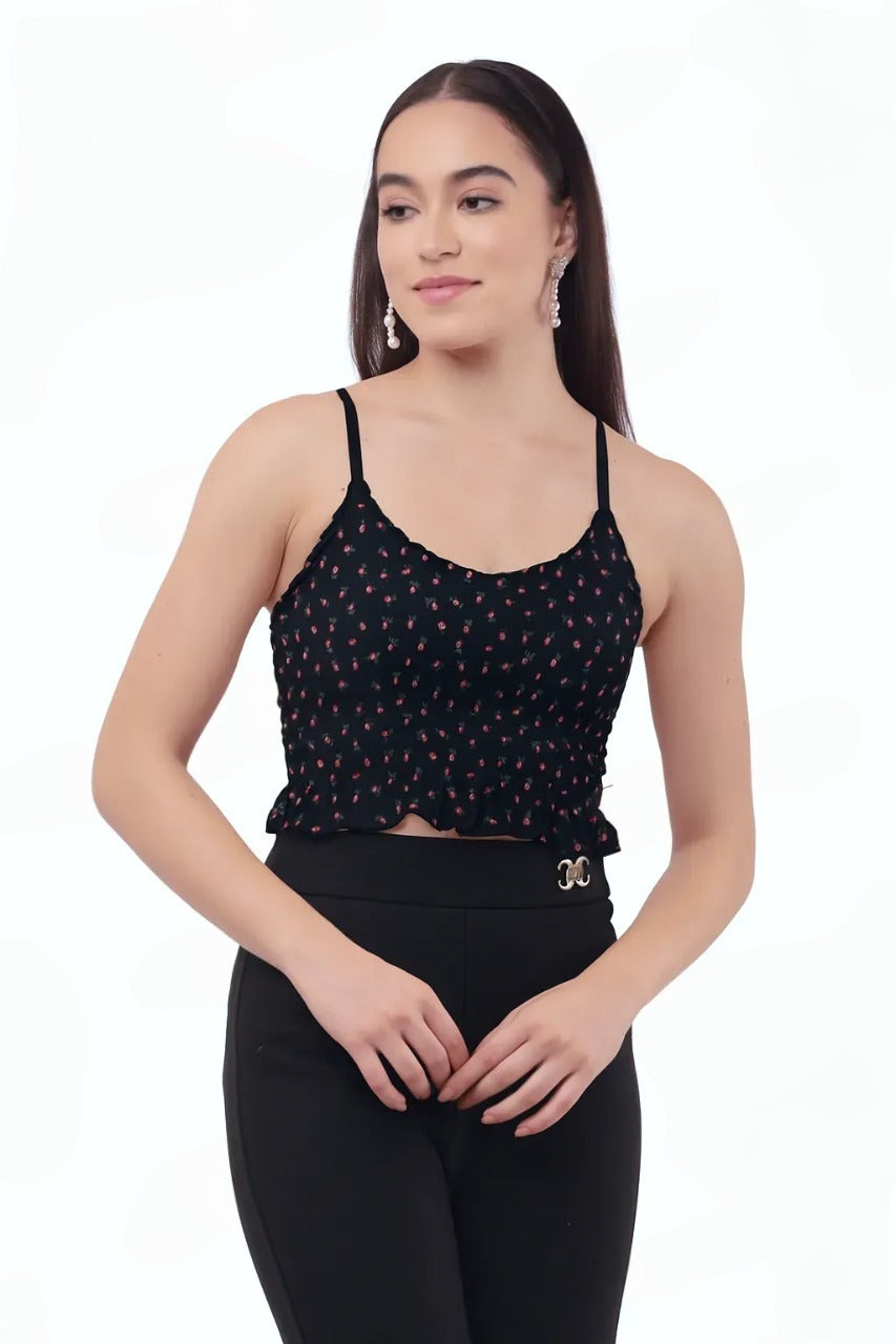 Strawberry Print Free Size Smocked Crop Top with Ruffle Hem – Korean Fashion