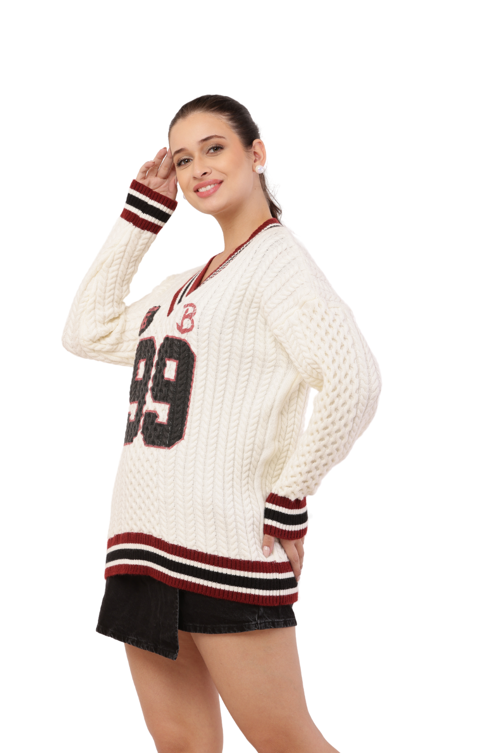 Oversized Varsity Knit Sweater with "99" Patch Design