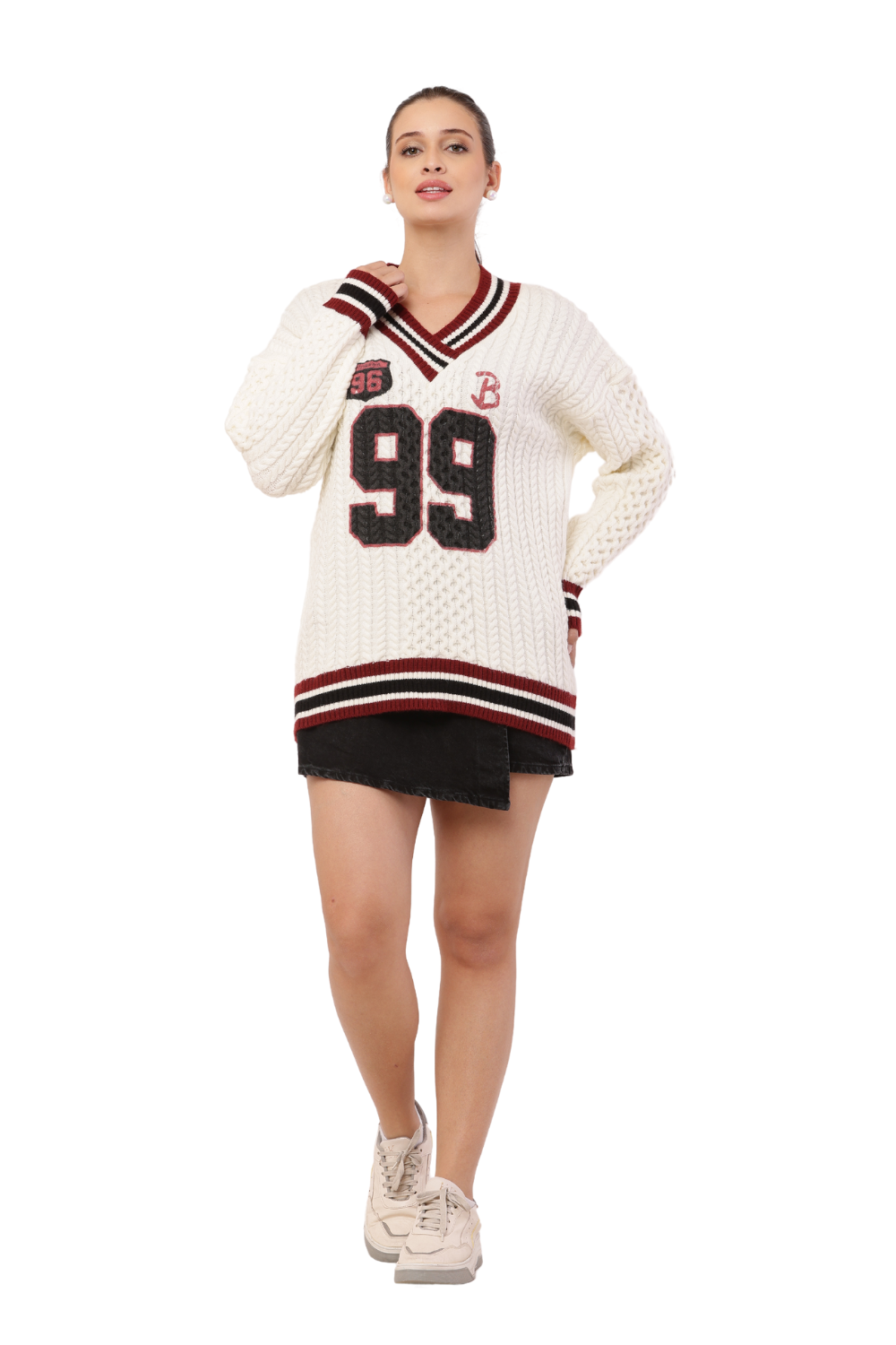 Oversized Varsity Knit Sweater with "99" Patch Design