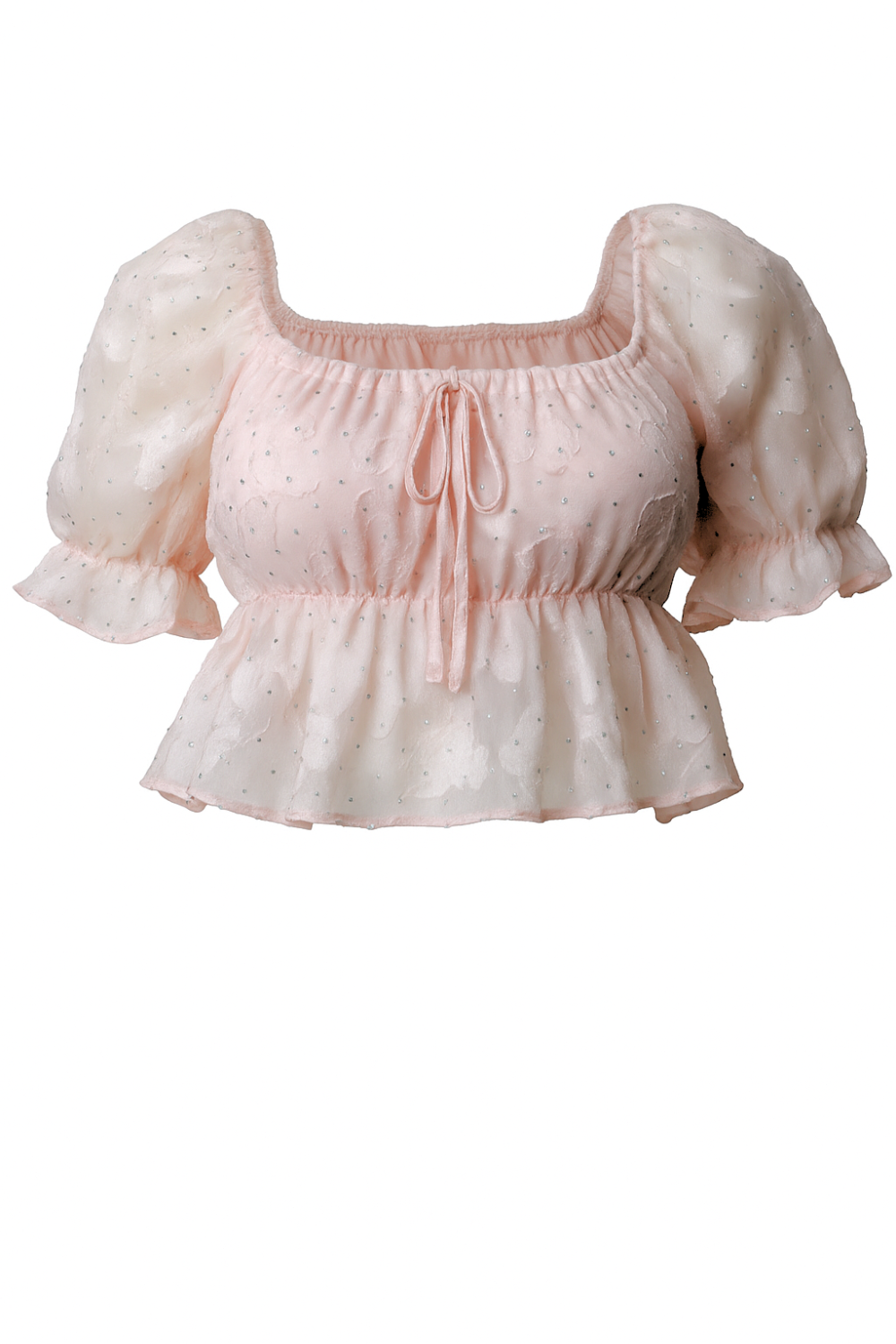 Sheer Puff Sleeve Mesh Peplum Top with Tie Front - Free Size