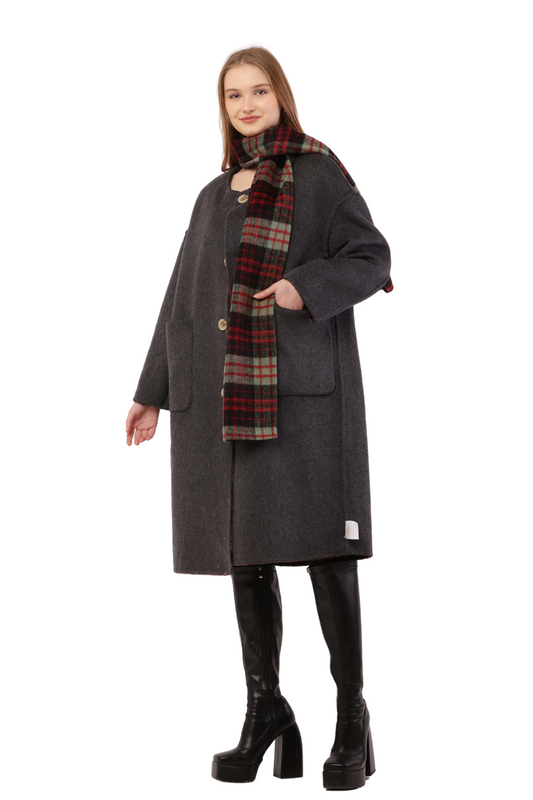 Plaid Woolen Long Coat with Scarf