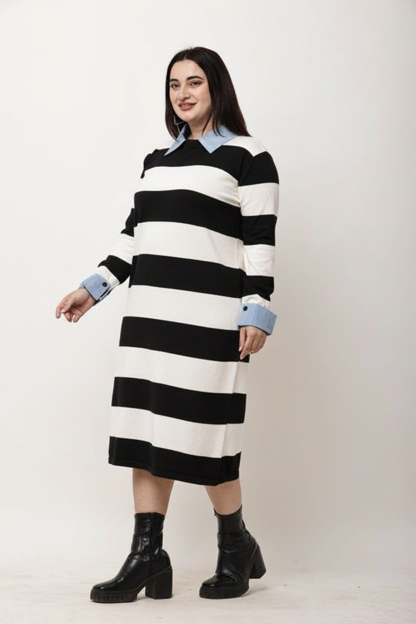 Korean Black & White Striped Midi Dress for Women | Collared Winter Dress