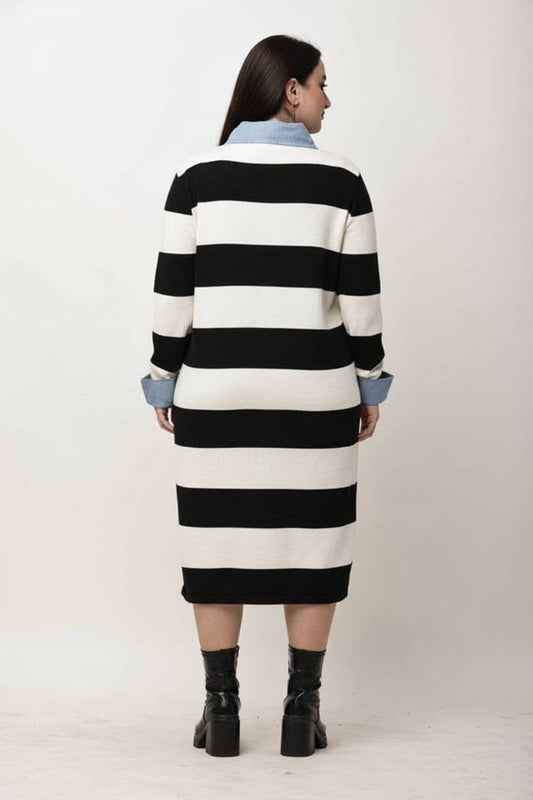 Korean Black & White Striped Midi Dress for Women | Collared Winter Dress