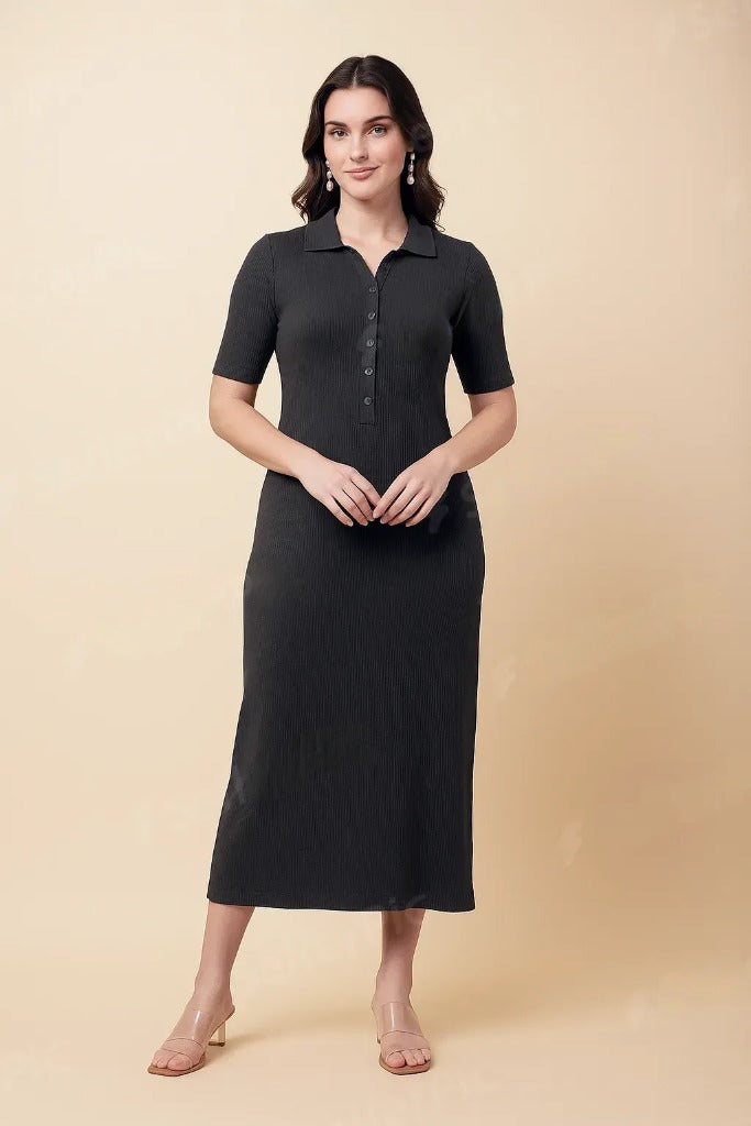 Korean Bodycon Ribbed Polo Midi Dress Free Size – Korean Fashion Style