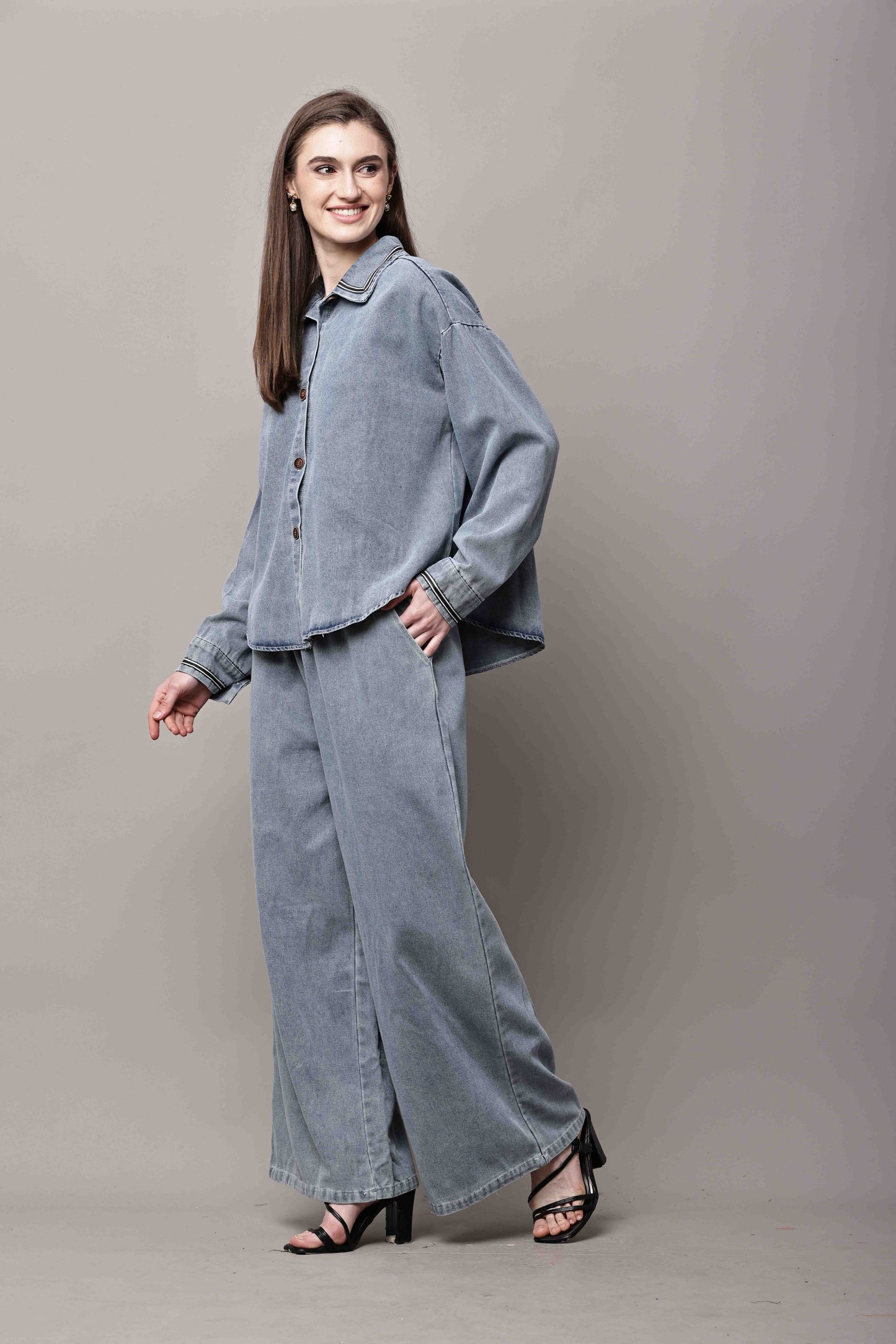 Women Blue Denim Co-Ord Set with Button-Down Shirt & Wide-Leg Pants – Korean Style