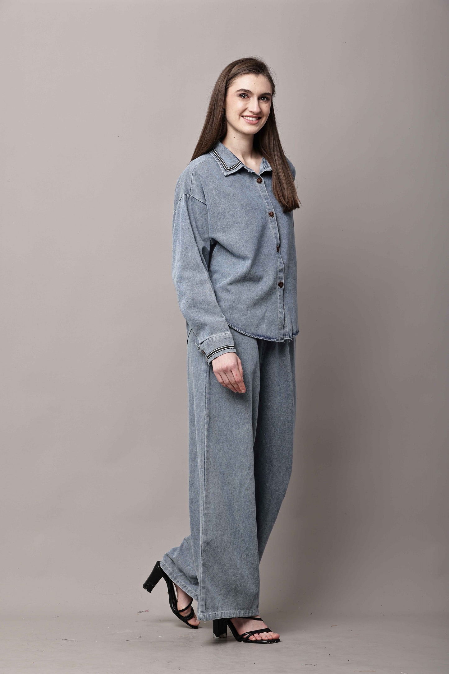 Women Blue Denim Co-Ord Set with Button-Down Shirt & Wide-Leg Pants – Korean Style