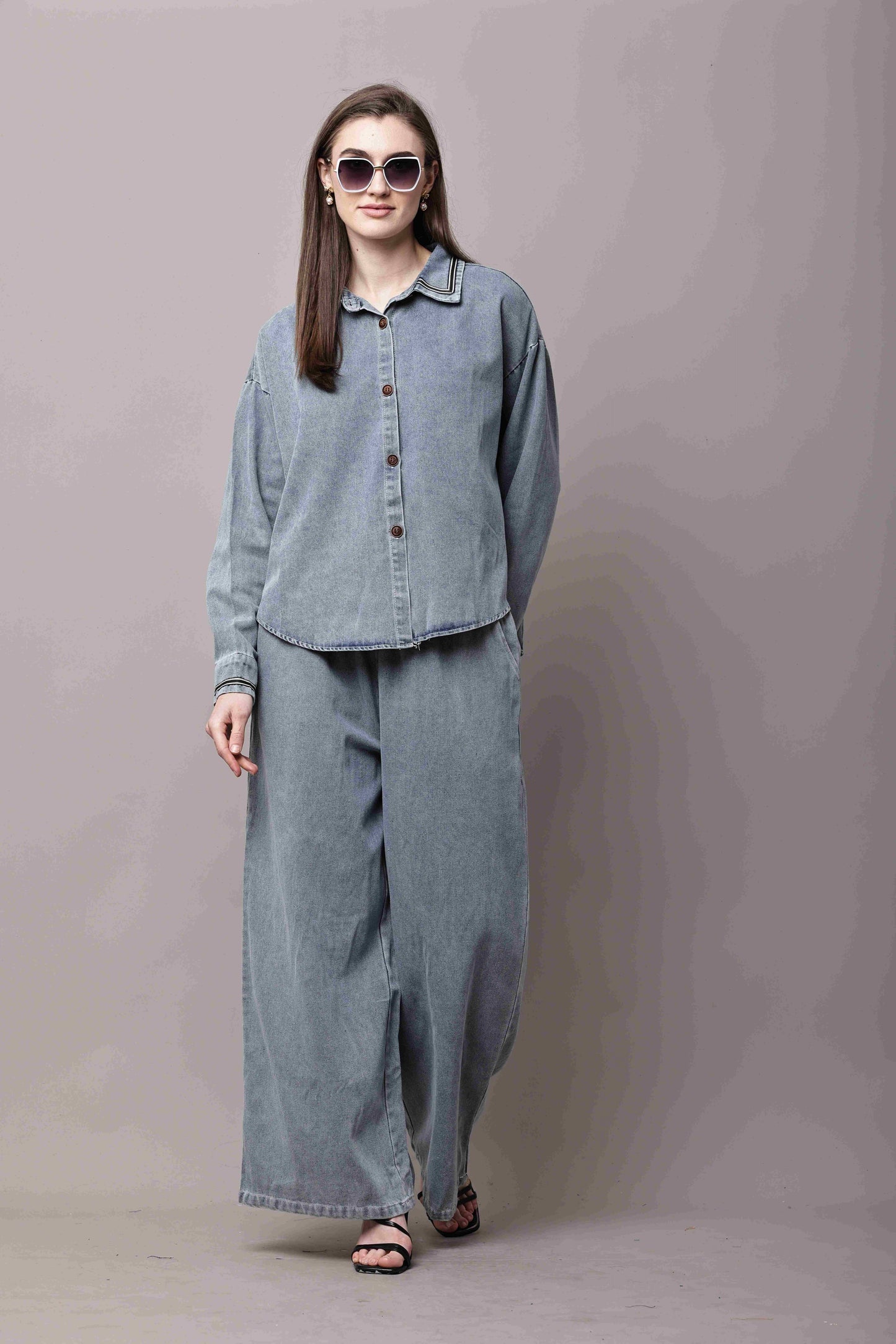 Women Blue Denim Co-Ord Set with Button-Down Shirt & Wide-Leg Pants – Korean Style