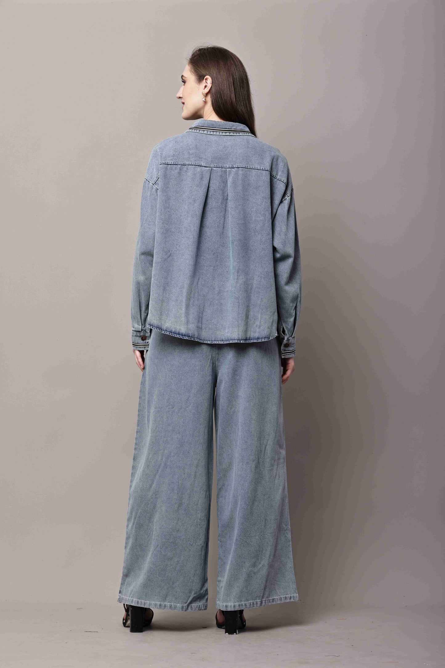 Women Blue Denim Co-Ord Set with Button-Down Shirt & Wide-Leg Pants – Korean Style