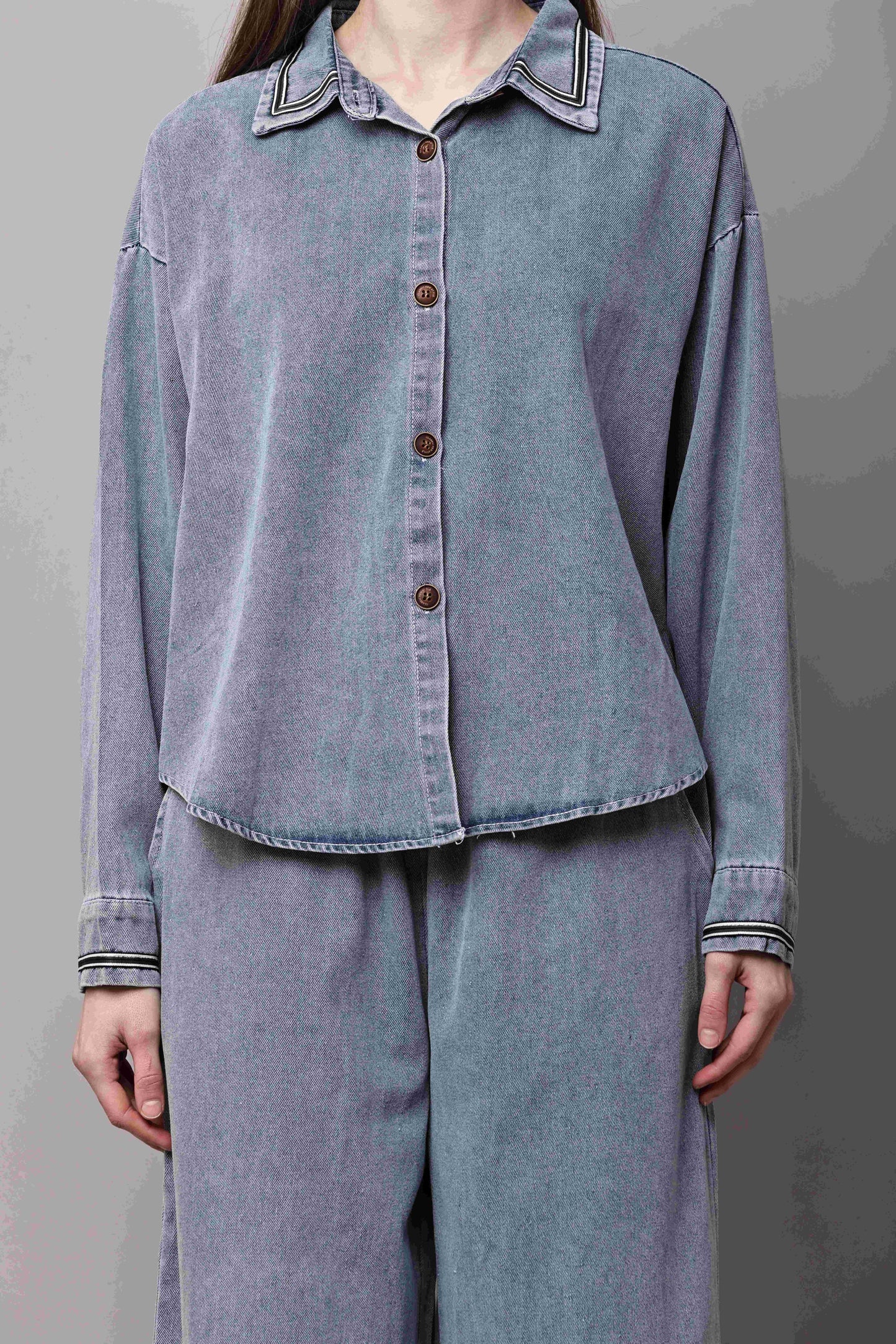 Women Blue Denim Co-Ord Set with Button-Down Shirt & Wide-Leg Pants – Korean Style