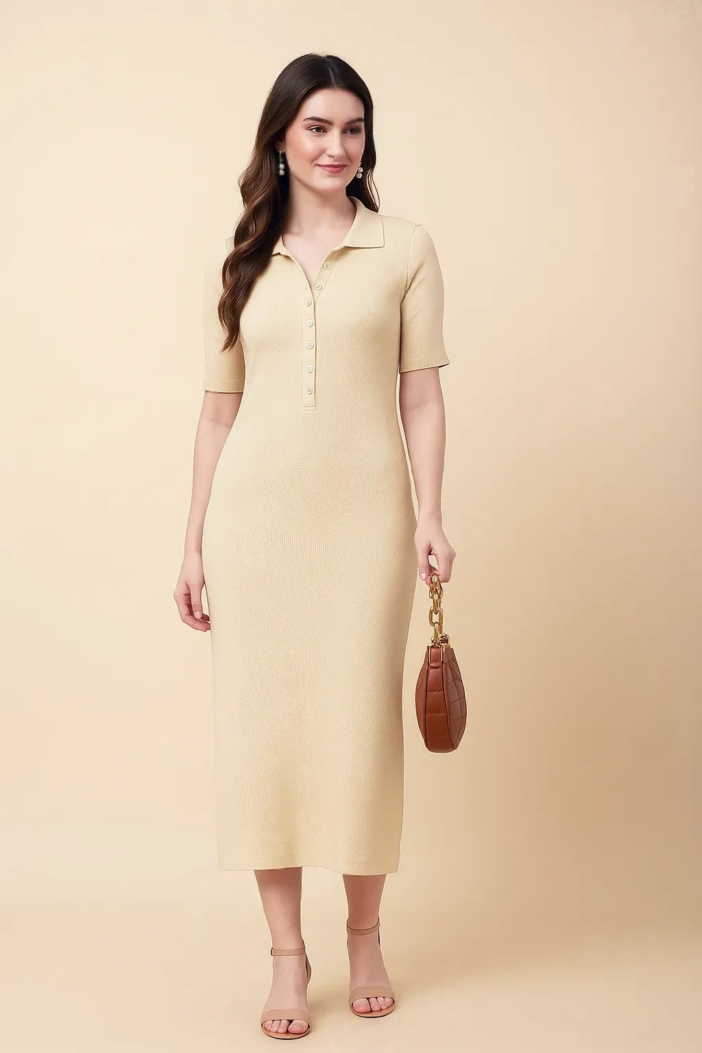 Korean Bodycon Ribbed Polo Midi Dress Free Size – Korean Fashion Style